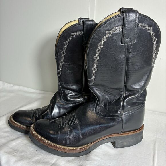 Vintage Tony Lama Men\'s Cowboy Boots Size 9B Black Leather Western Wear Riding main image 7